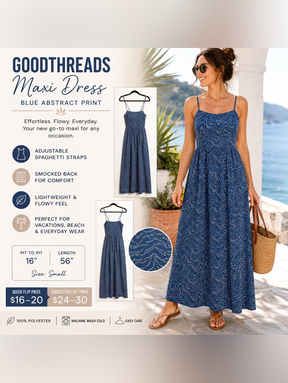 Goodthreads Blue Abstract Print Maxi Dress with Spaghetti Straps Size Small
